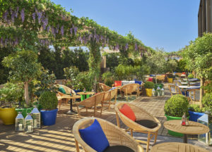 Bright dining area with hanging garden and colorful throw pillows and potted flora