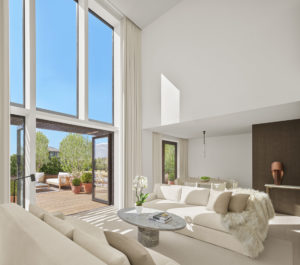 Two-story penthouse living room with open terrace