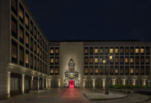 Hotel entrance lit at night