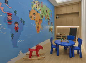 Children's playroom with mural on wall